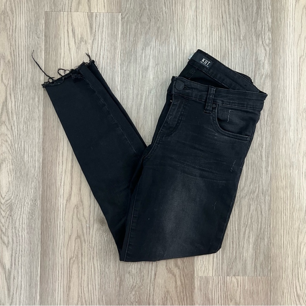 KUT From The Kloth Connie Ankle Skinny Black Distressed Raw Hem Jeans Size 4